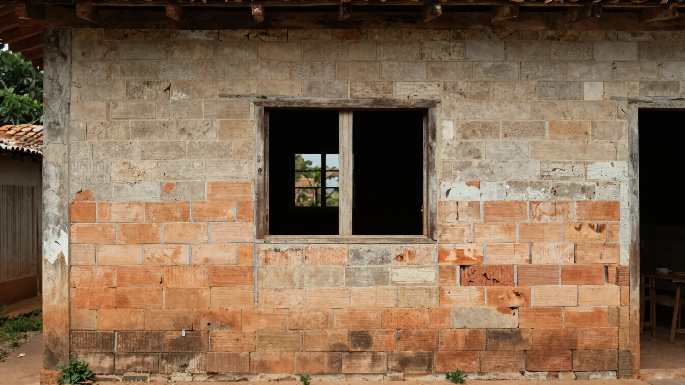 Furadeira de impacto sobre uma parede de tijolos à vista em uma casa brasileira, luz de janela difusa, enquadramento pró