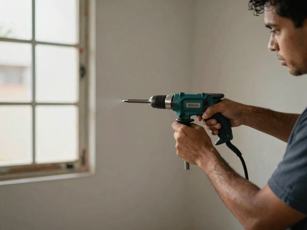 Pessoa segurando uma parafusadeira em posição de trabalho sobre u