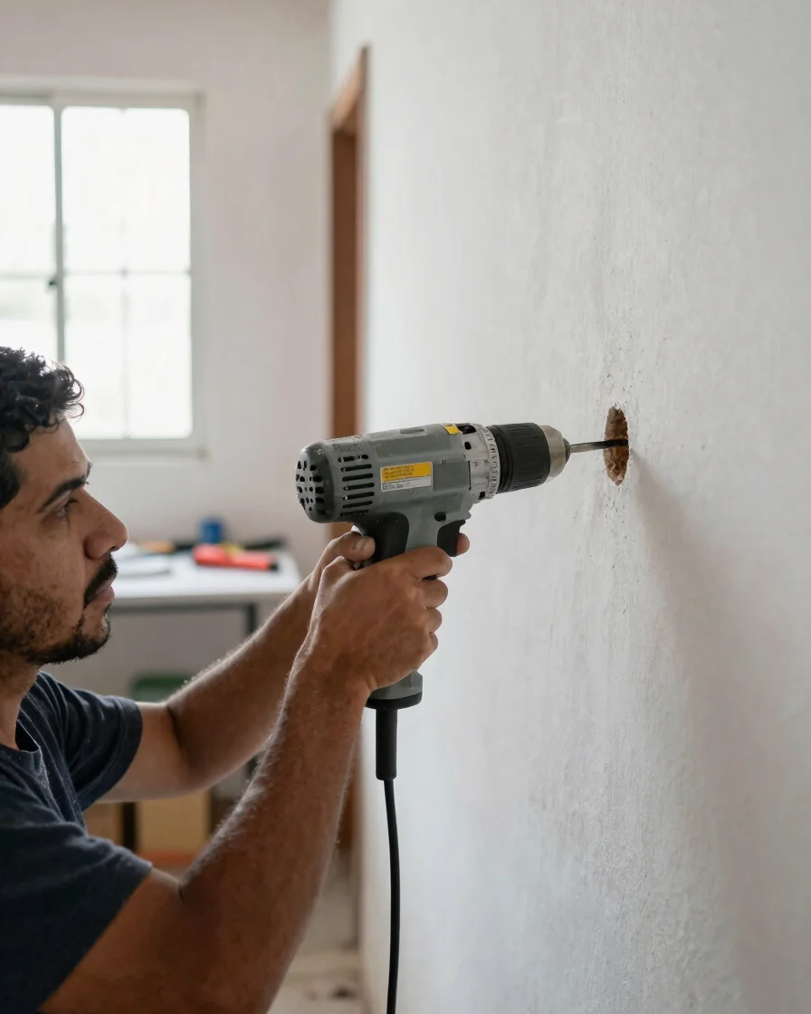 Mãos de um morador de casa brasileira medindo um furo em parede de cerâmica branca com uma furadeira, luz natural difusa